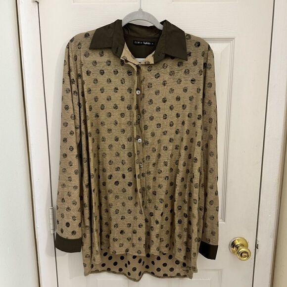ELM by Matthildur 100% Linen Blouse Polka Dot Lagenlook Artsy Brown Tan Small - Picture 1 of 7